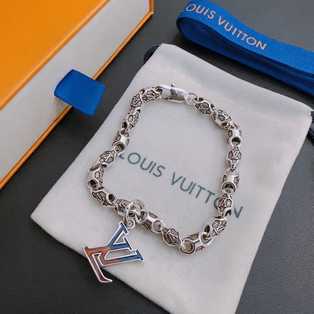 Louis Vuitton Silver Bracelet with LV Logo Charm